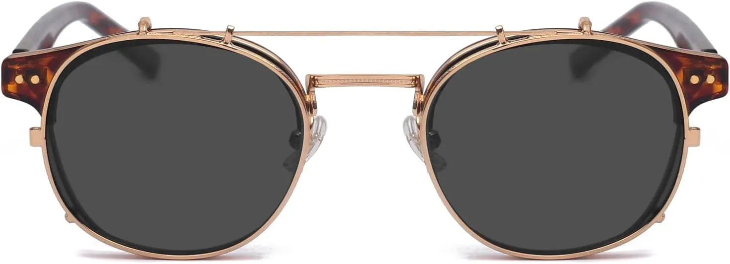 Dollger Double Lens Clip On Sunglasses Non-flip Lens Round Steampunk Style Glasses for Men Women