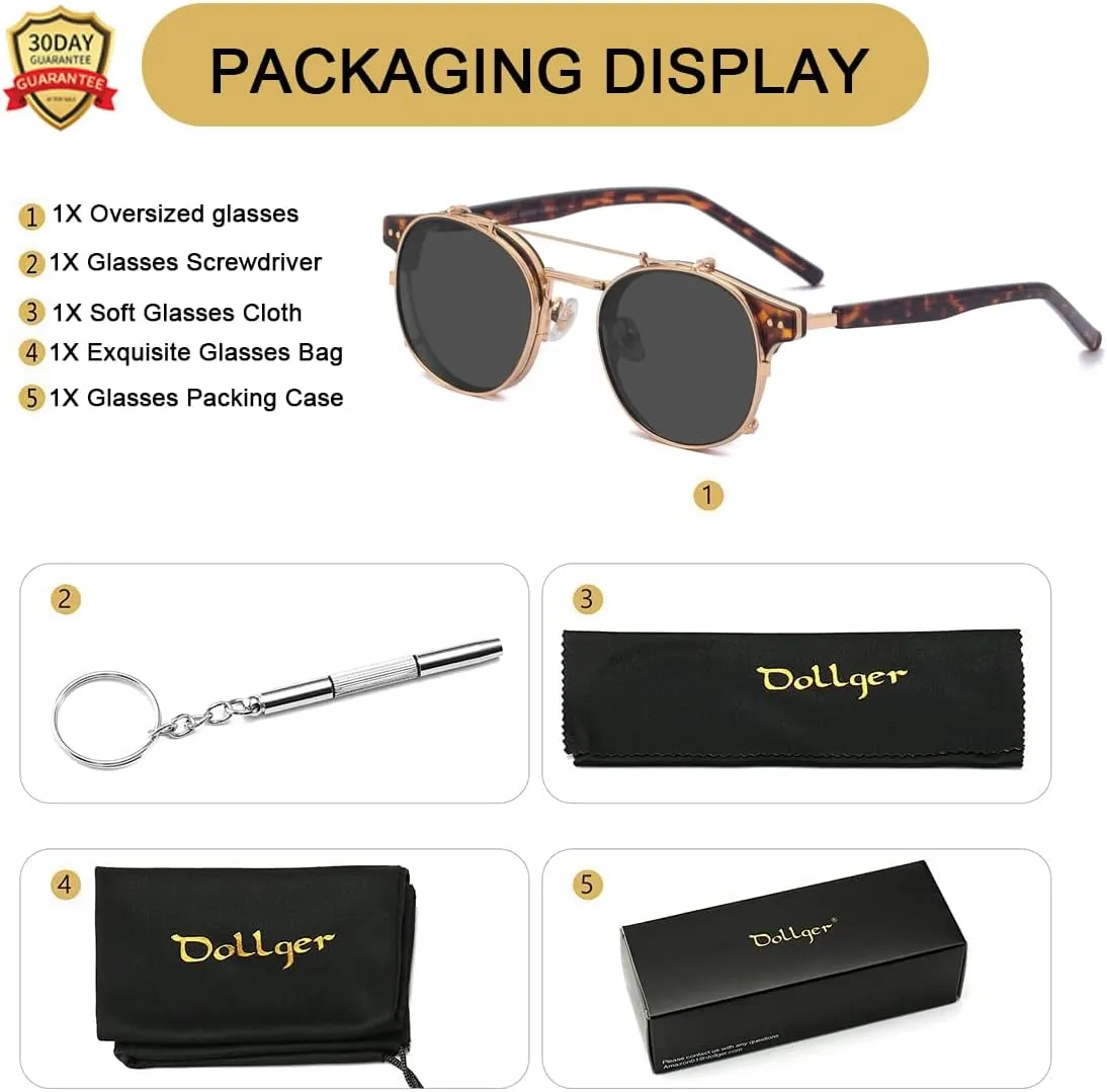 Dollger Double Lens Clip On Sunglasses Non-flip Lens Round Steampunk Style Glasses for Men Women