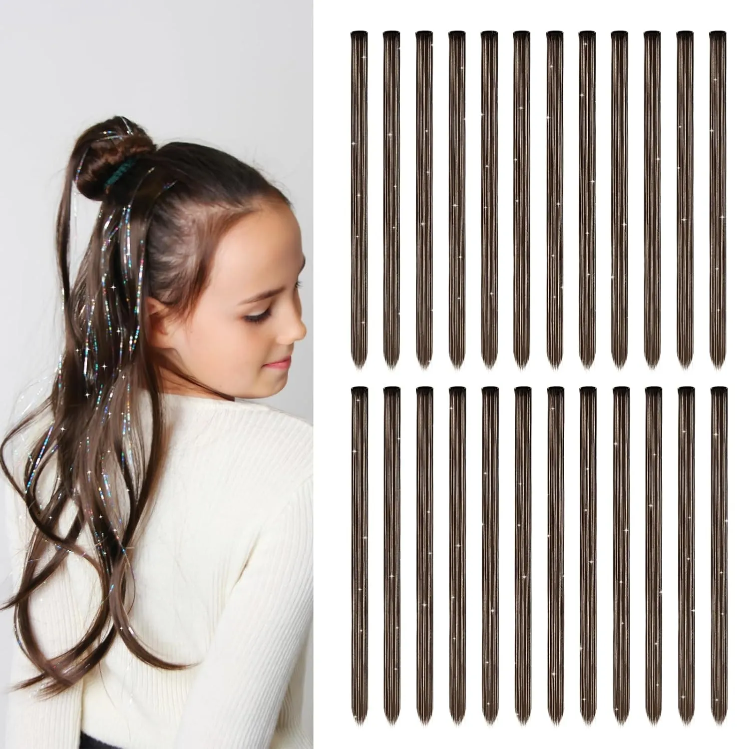 Dreamlover Fairy Hair Accessories for Girls, Tinsel Hair Extensions for Women, Dark Brown, 24 Pieces