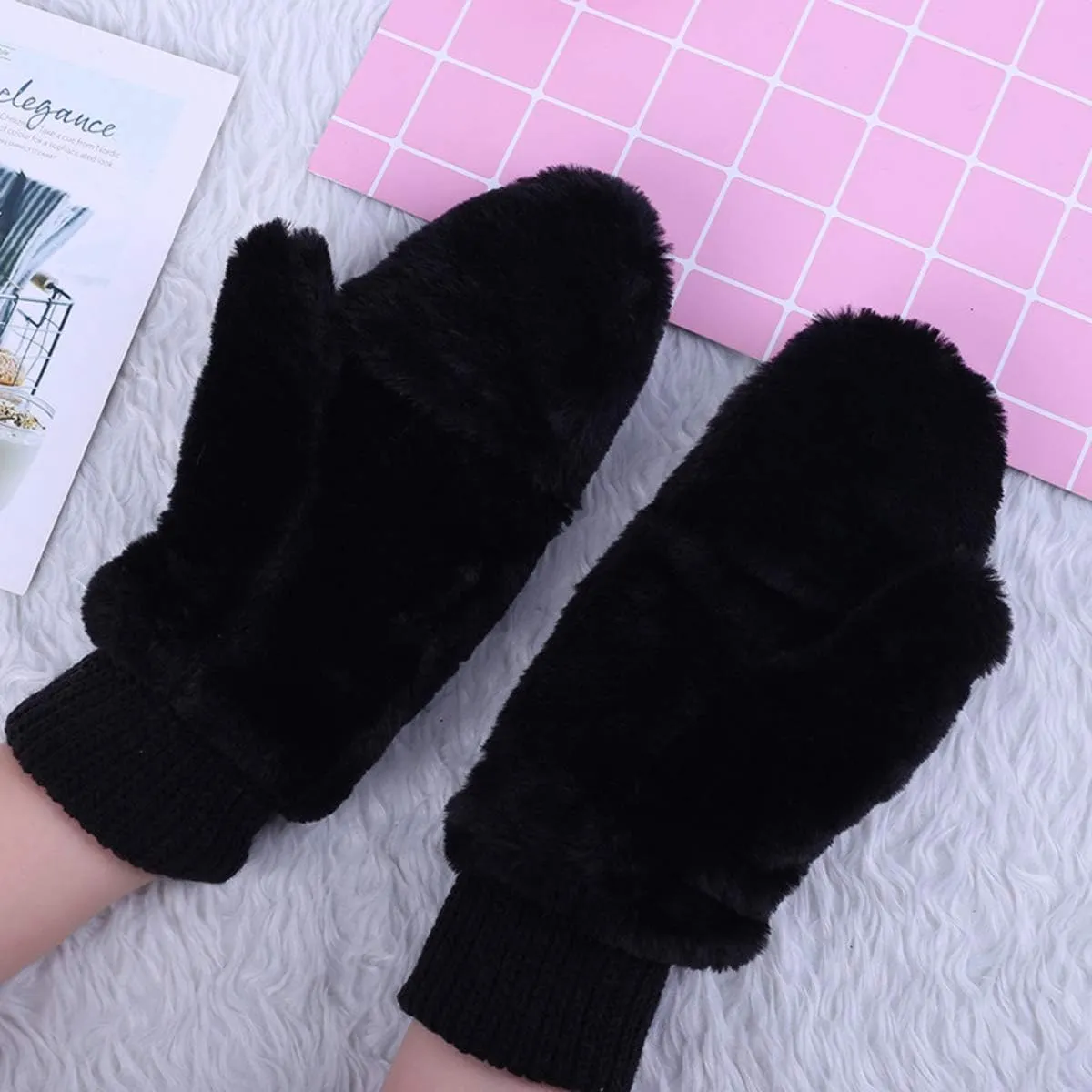 Eilova Unisex Winter Fluffy Gloves Mittens Windproof Fleece Plush Gloves with Warm Mitten Cover for Women Girls Boys