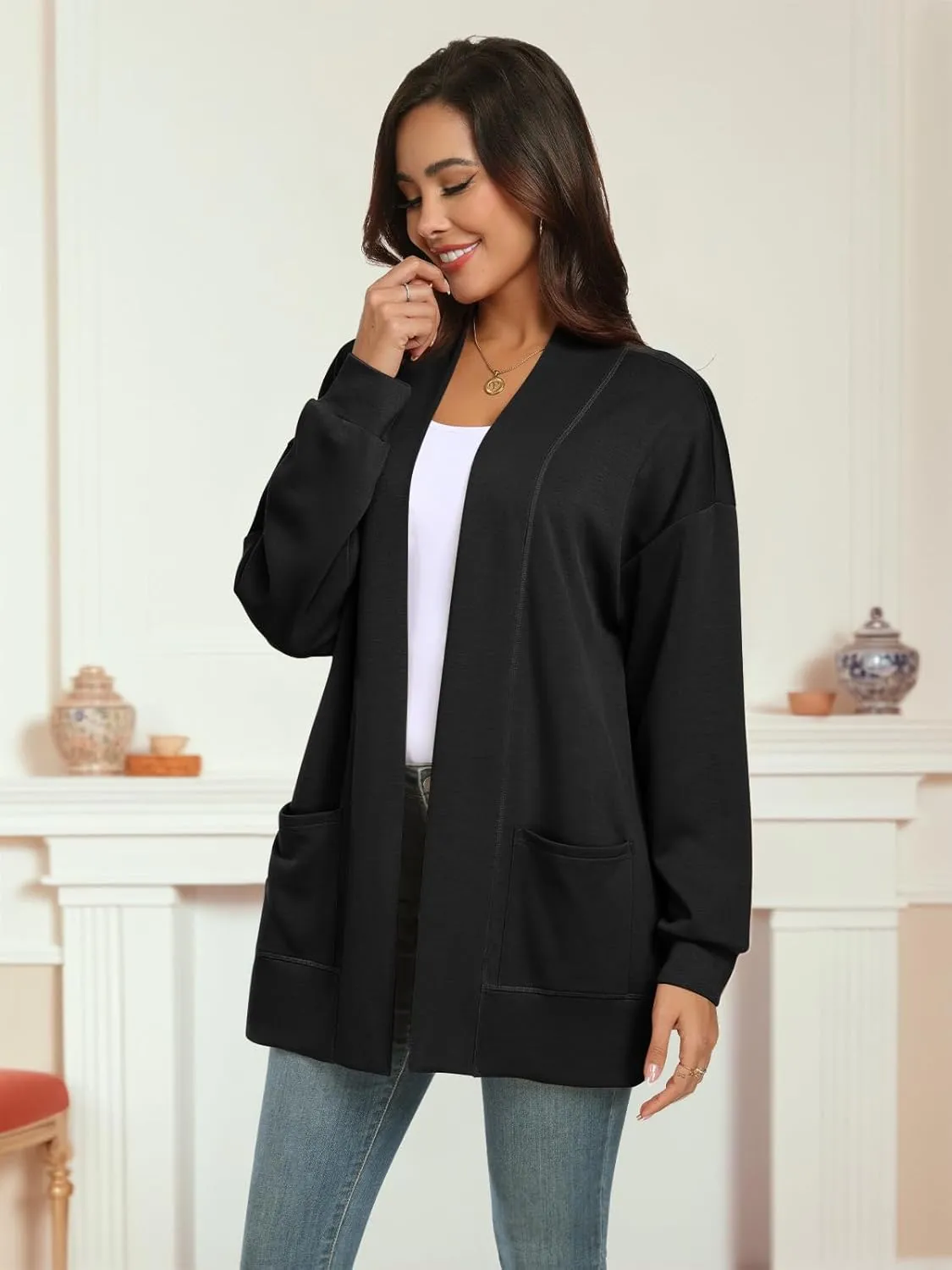 Feiersi Women's Open Front Cardigans Long Sleeve Casual with Pockets Knit Cardigan Soft Outwear