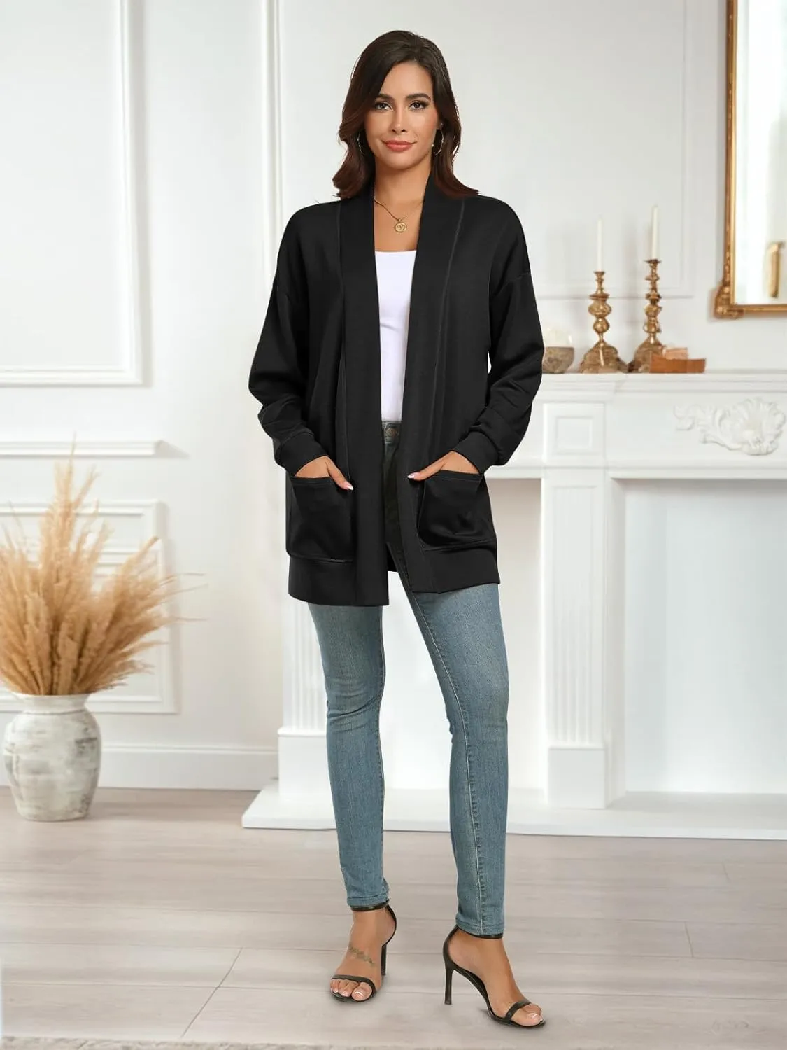 Feiersi Women's Open Front Cardigans Long Sleeve Casual with Pockets Knit Cardigan Soft Outwear