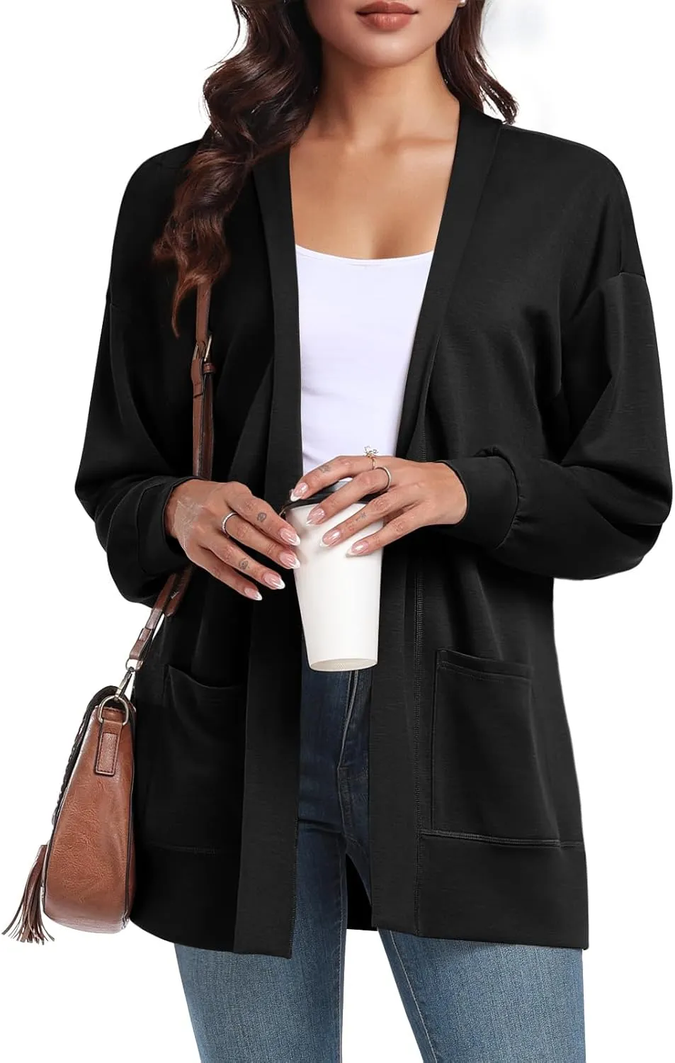 Feiersi Women's Open Front Cardigans Long Sleeve Casual with Pockets Knit Cardigan Soft Outwear