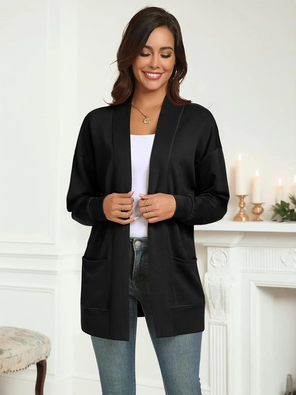 Feiersi Women's Open Front Cardigans Long Sleeve Casual with Pockets Knit Cardigan Soft Outwear