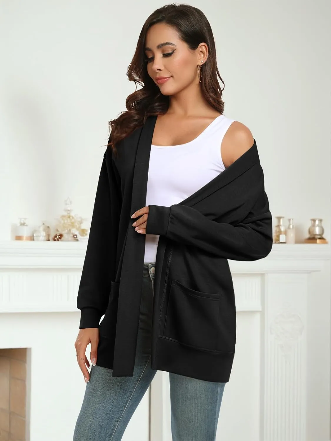 Feiersi Women's Open Front Cardigans Long Sleeve Casual with Pockets Knit Cardigan Soft Outwear
