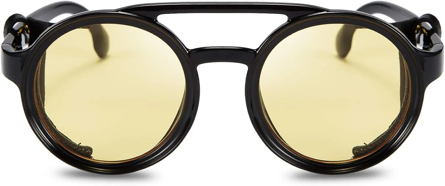 FEISEDY Retro Round Steampunk Sunglasses Women Men Vintage Eyewear Light Plastic Frame with Leatherwear B2532