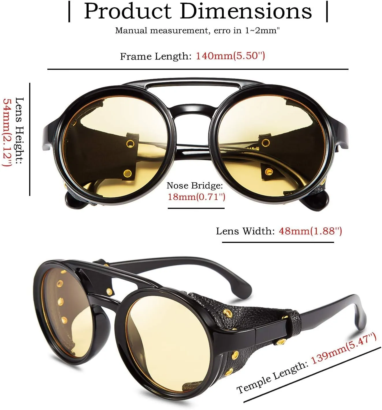 FEISEDY Retro Round Steampunk Sunglasses Women Men Vintage Eyewear Light Plastic Frame with Leatherwear B2532