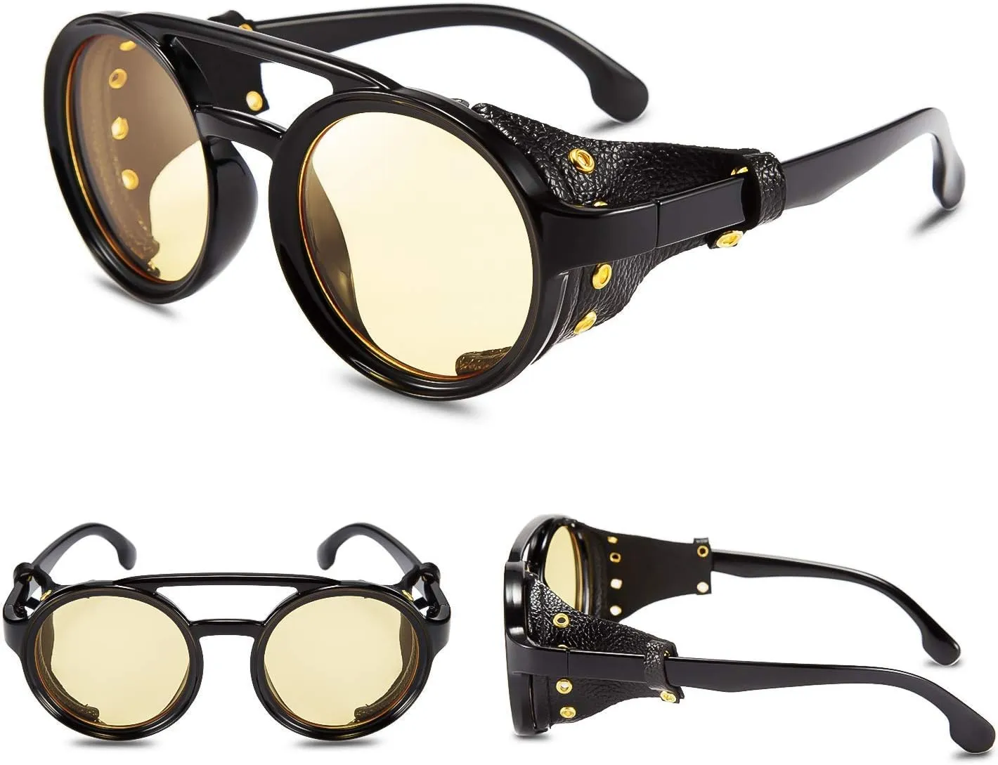 FEISEDY Retro Round Steampunk Sunglasses Women Men Vintage Eyewear Light Plastic Frame with Leatherwear B2532