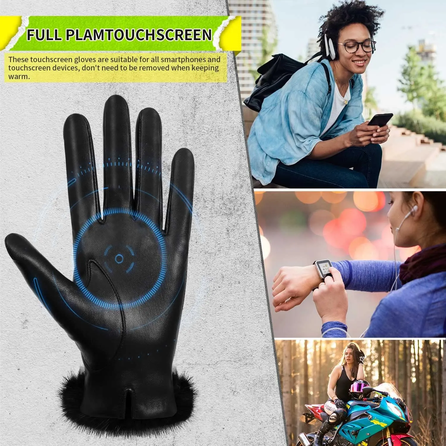 FIORETTO Winter Warm Genuine Leather Gloves with Fur Cuff Wool Cashmere Lining Womens Touchscreen Sheepskin Gloves Black