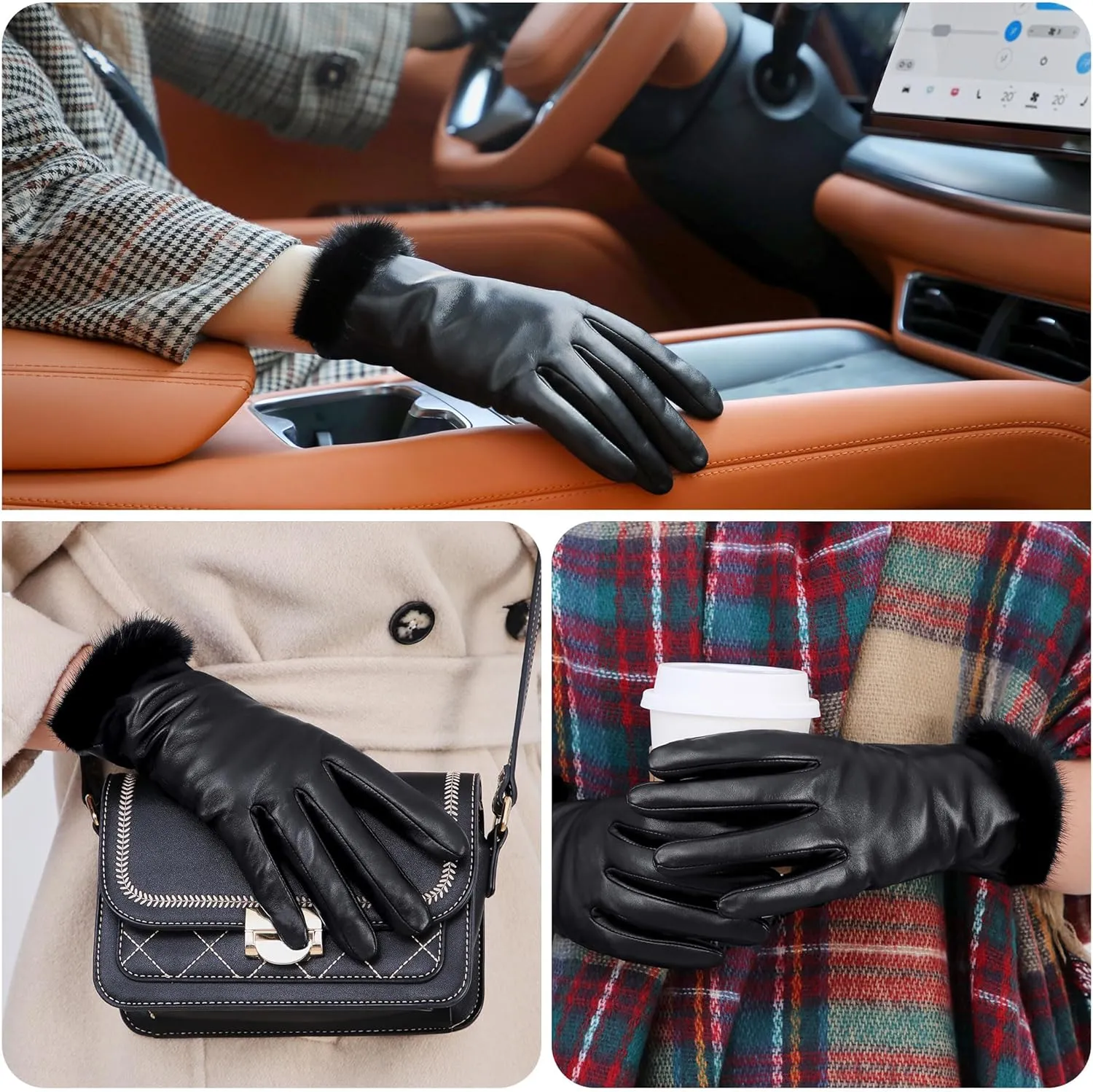 FIORETTO Winter Warm Genuine Leather Gloves with Fur Cuff Wool Cashmere Lining Womens Touchscreen Sheepskin Gloves Black