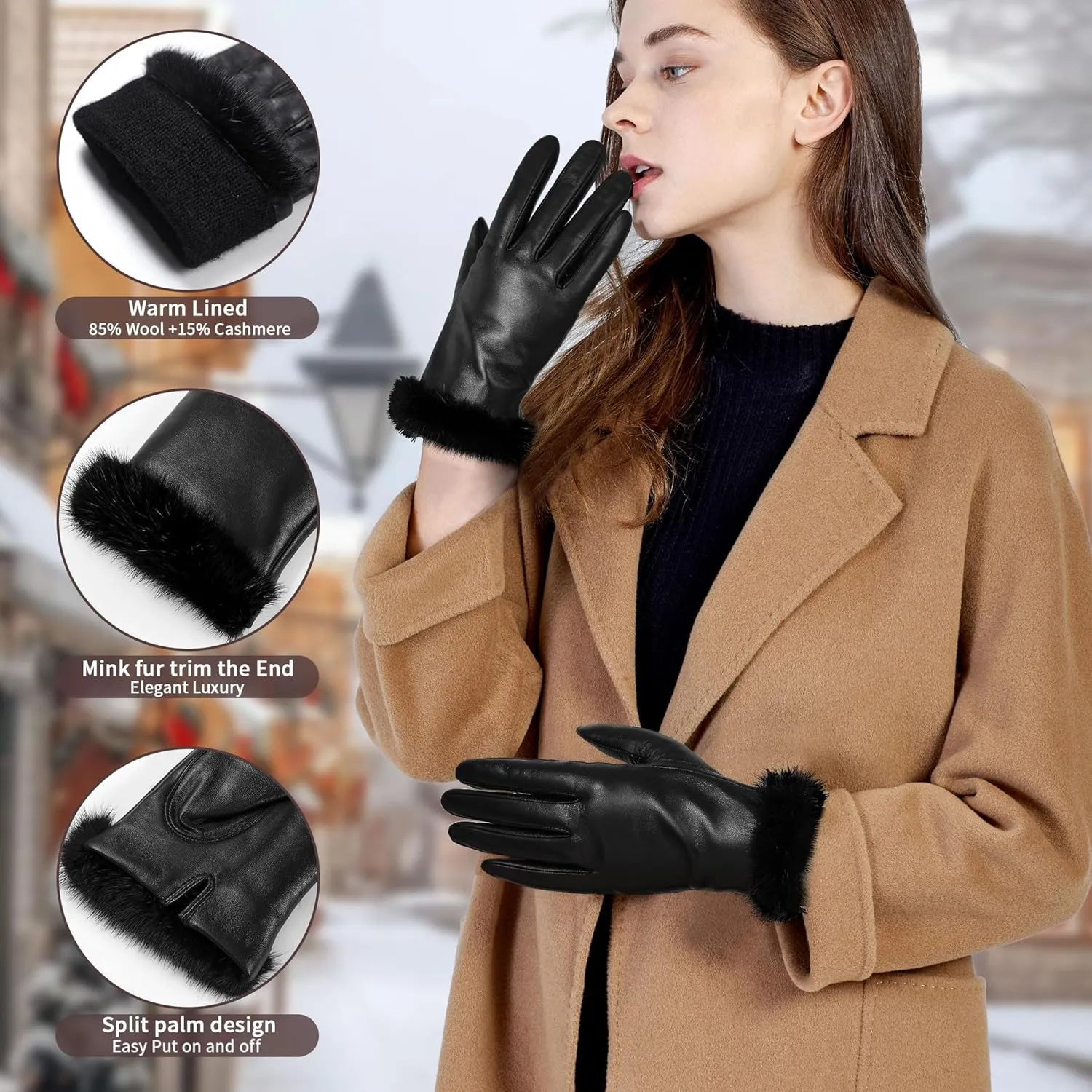 FIORETTO Winter Warm Genuine Leather Gloves with Fur Cuff Wool Cashmere Lining Womens Touchscreen Sheepskin Gloves Black