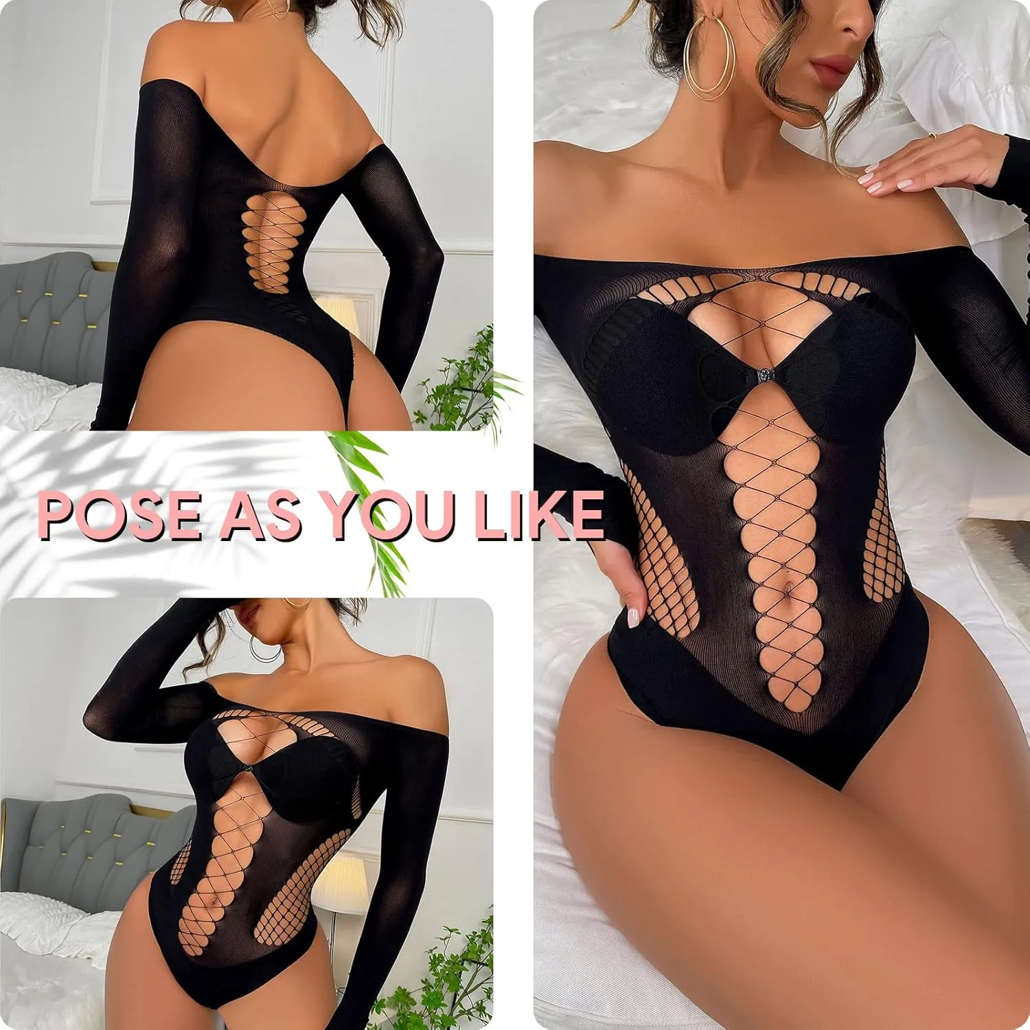 Fishnet Bodysuit Lingerie for Women Hollow Out Sparkle Rhinestone Rainbow Mesh See Through Bodysuits Party Club