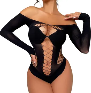 Fishnet Bodysuit Lingerie for Women Hollow Out Sparkle Rhinestone Rainbow Mesh See Through Bodysuits Party Club