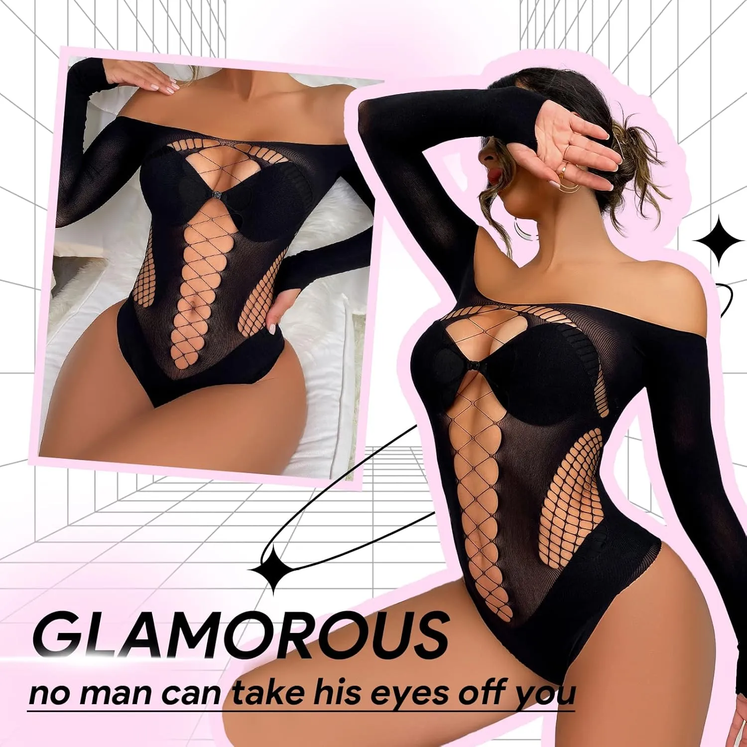 Fishnet Bodysuit Lingerie for Women Hollow Out Sparkle Rhinestone Rainbow Mesh See Through Bodysuits Party Club
