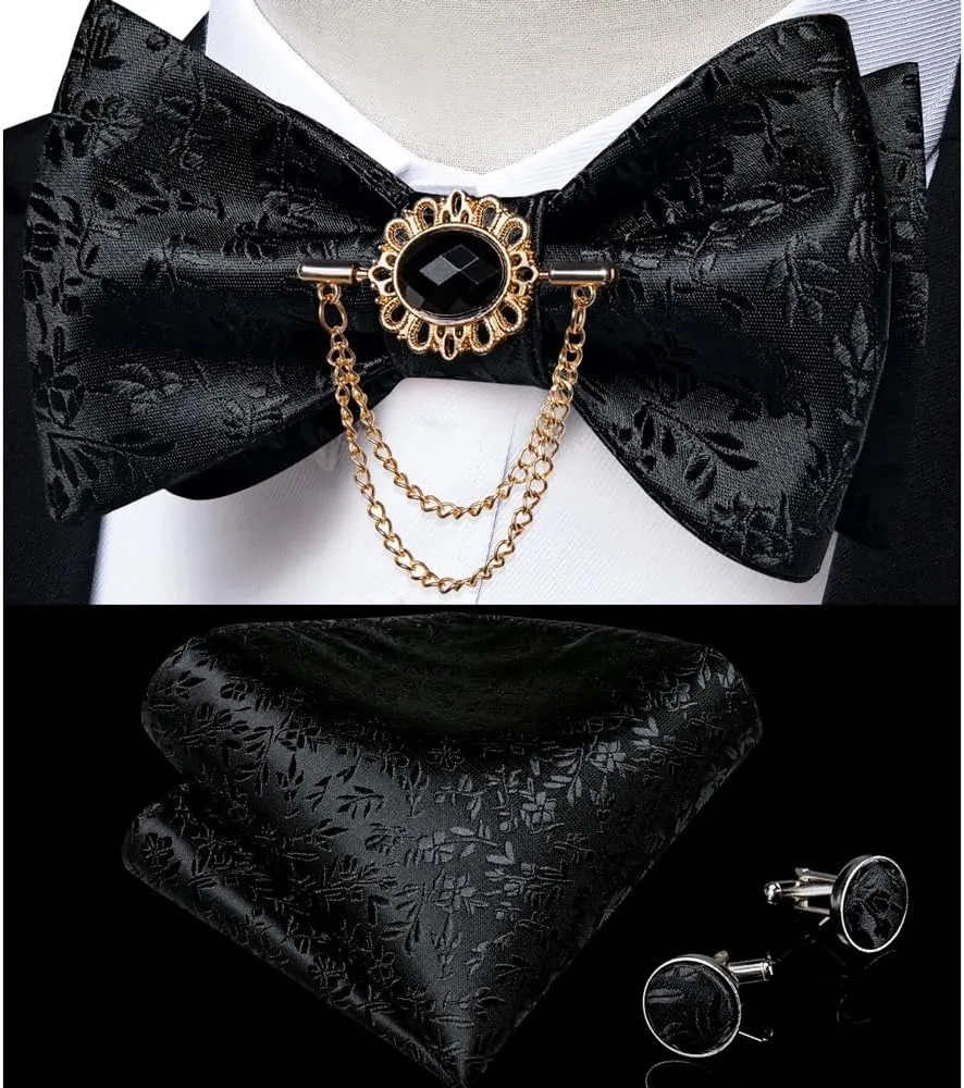 Floral Solid Self Tie Bow Tie Silk Formal Business Wedding Party Bowtie Handkerchief Set