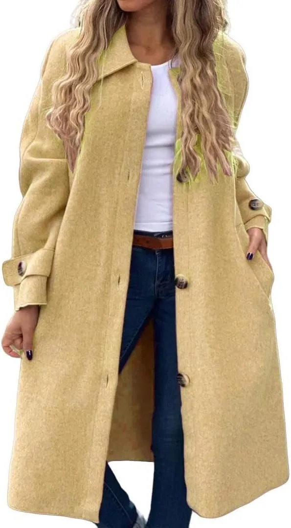 FMCHICO Women's Winter Wool Blend Coat Casual Notch Lapel Single-Breasted Peacoat