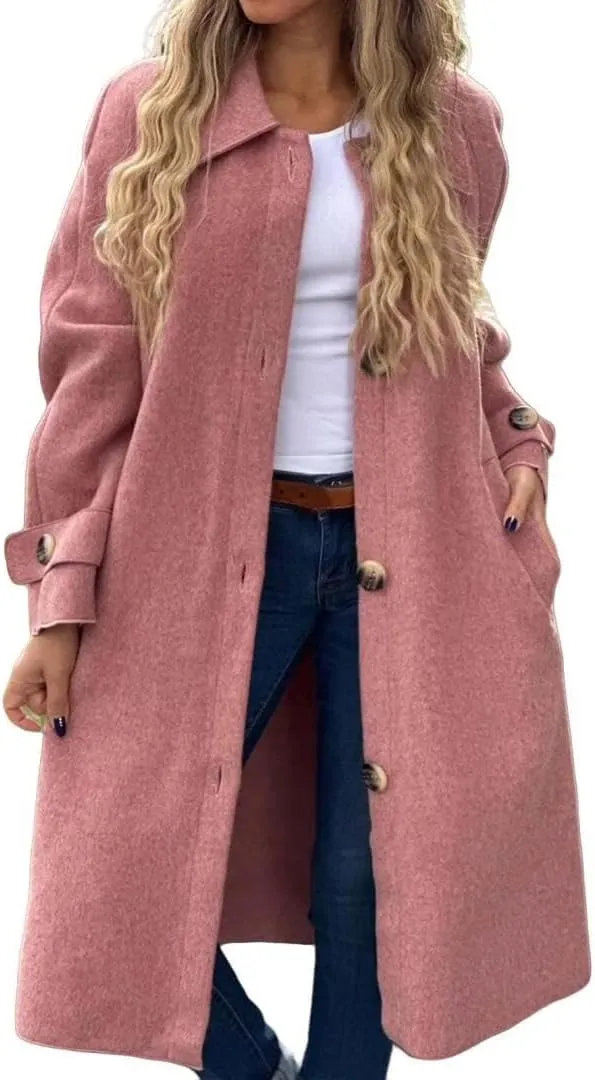 FMCHICO Women's Winter Wool Blend Coat Casual Notch Lapel Single-Breasted Peacoat