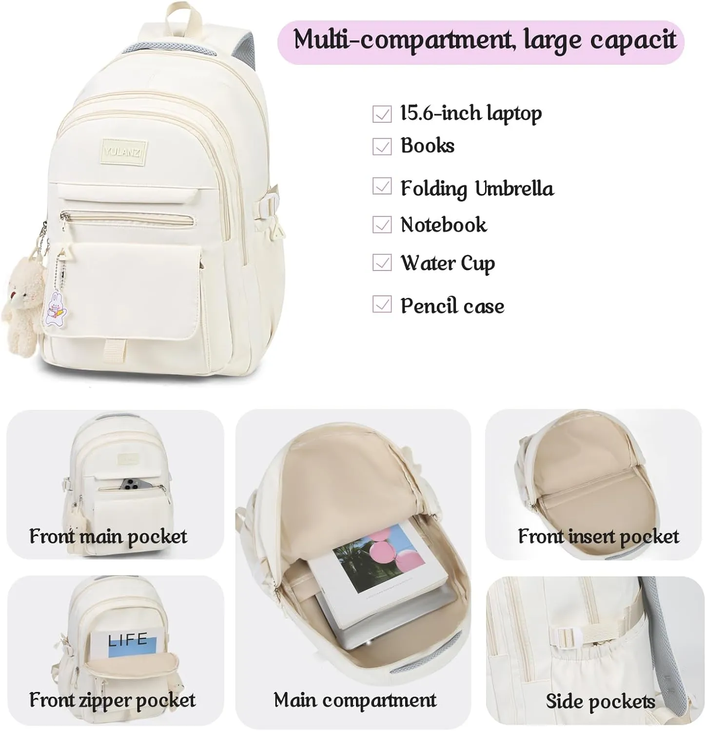 Girls Backpack for College High Middle School Student, Cute Aesthetic Bookbag for Teens Women with Accessories,Green