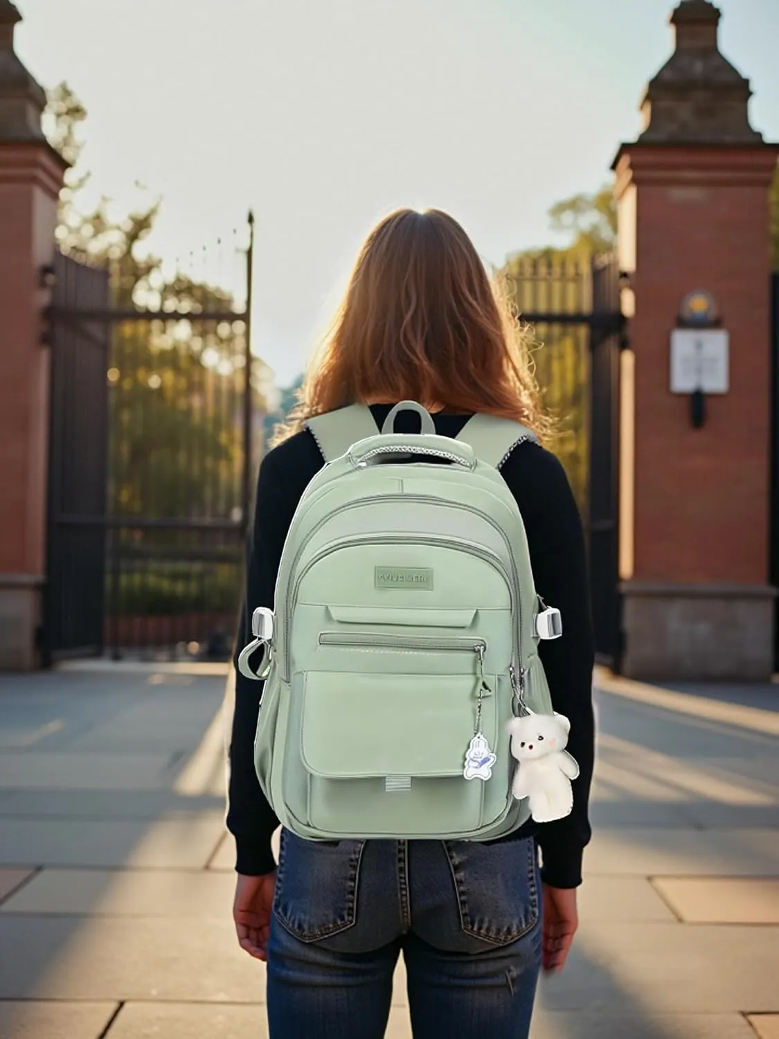 Girls Backpack for College High Middle School Student, Cute Aesthetic Bookbag for Teens Women with Accessories,Green