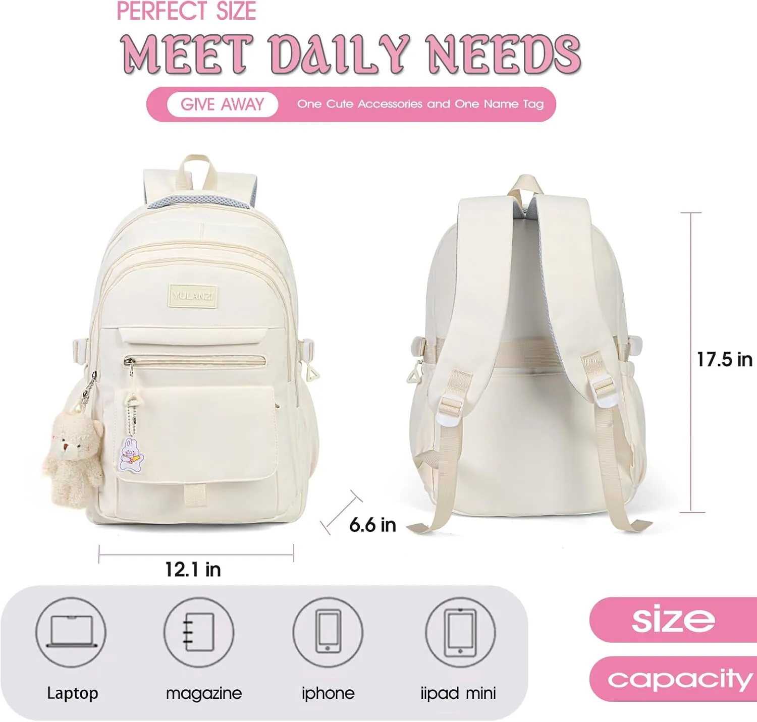 Girls Backpack for College High Middle School Student, Cute Aesthetic Bookbag for Teens Women with Accessories,Green