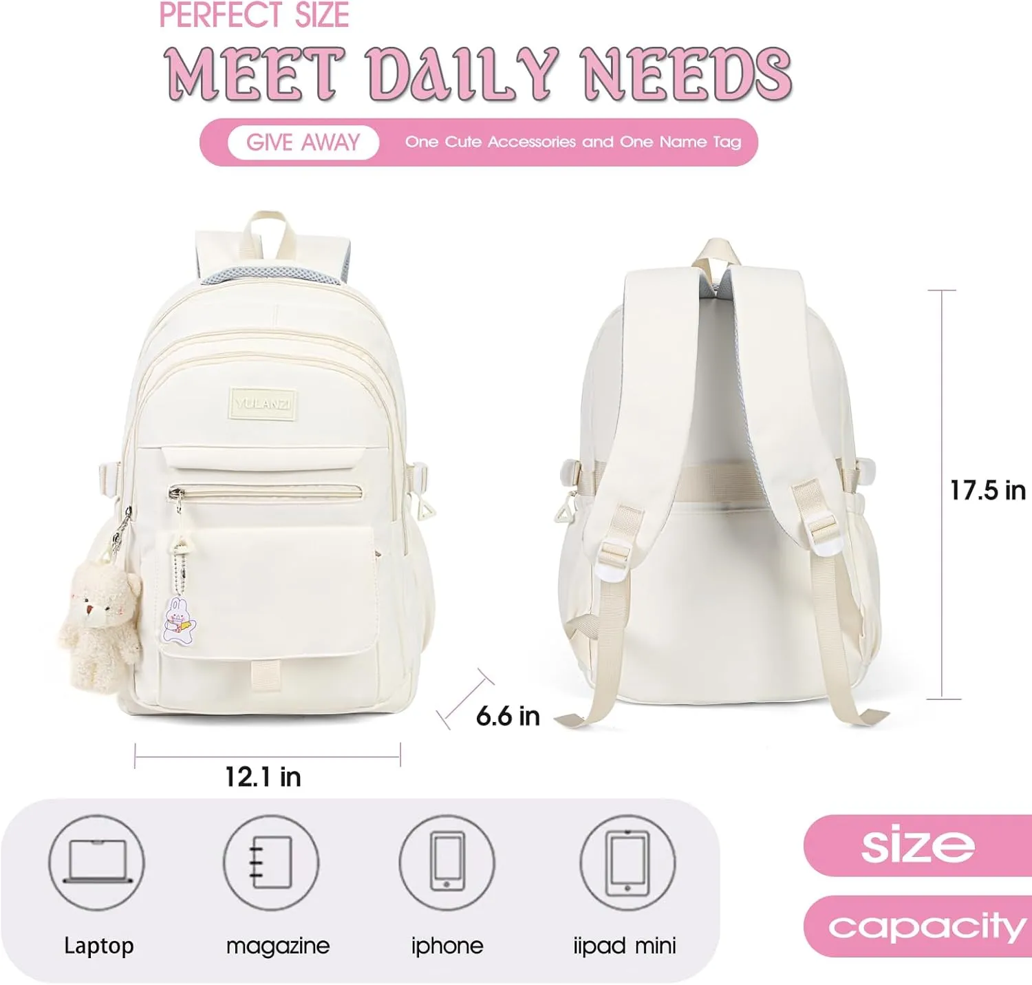 Girls Backpack for College High Middle School Student, Cute Aesthetic Bookbag for Teens Women with Accessories,Grey