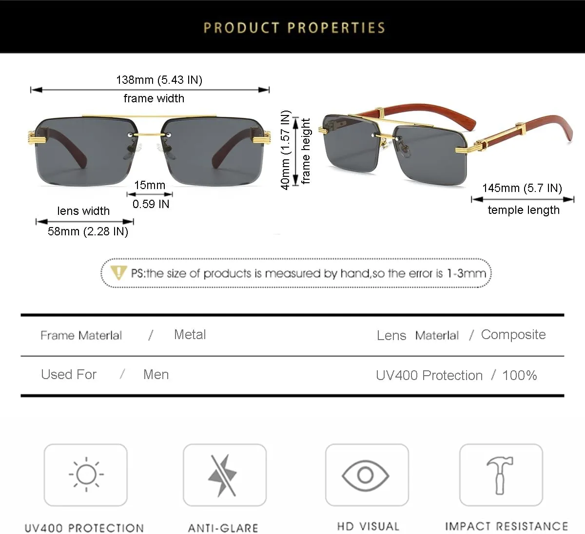 Gleyemor Mens Sunglasses Fashion Rimless Rectangle Sunglasses Square Frameless Sunglasses for Men