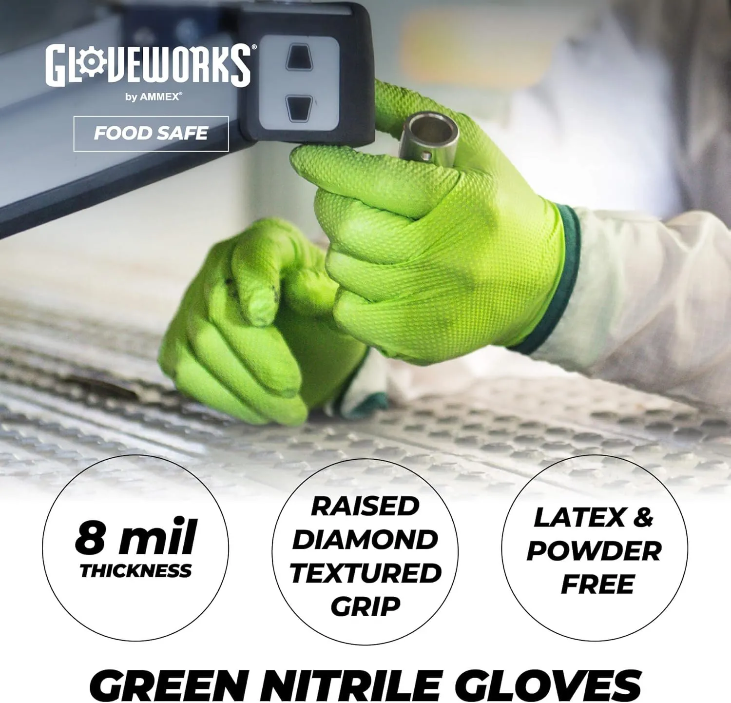 GLOVEWORKS HD Green Nitrile Gloves, 8 mil Nitrile Gloves Medium-XXL Sizes, Nitrile Disposable Gloves with Raised Diamond Grip