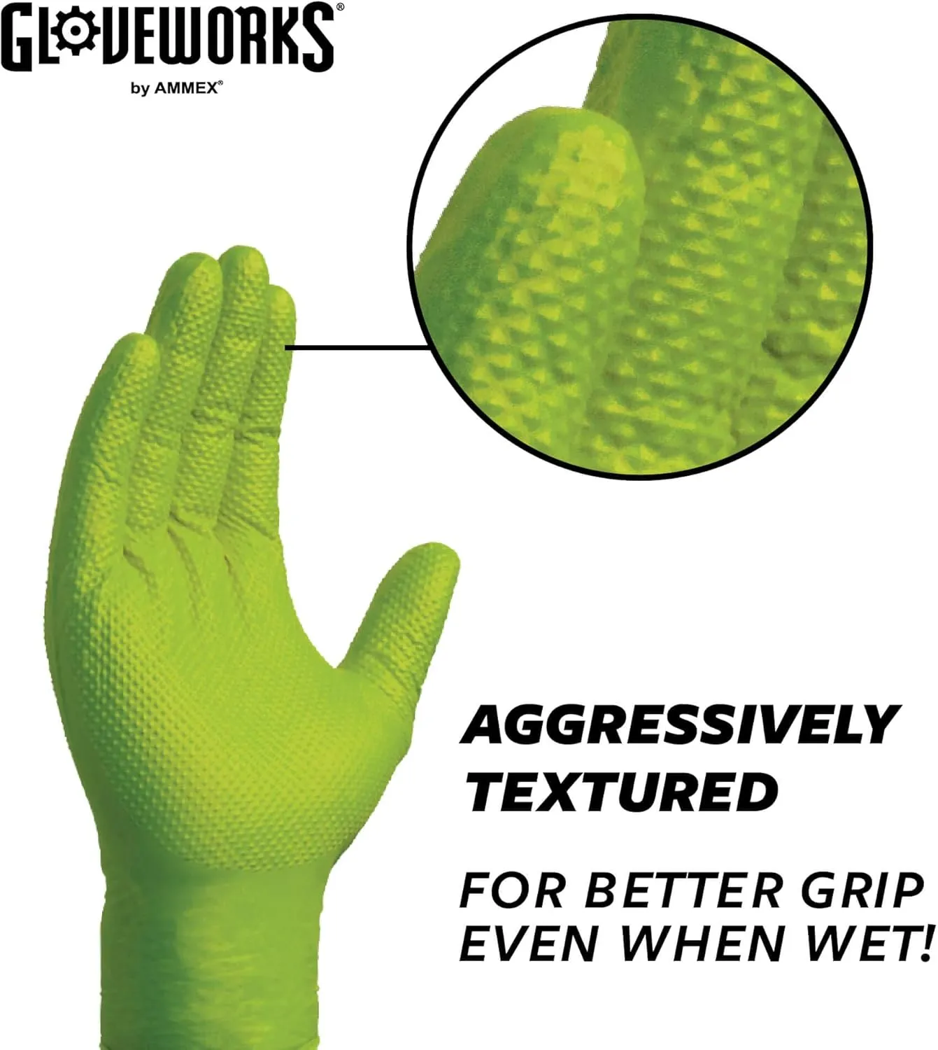 GLOVEWORKS HD Green Nitrile Gloves, 8 mil Nitrile Gloves Medium-XXL Sizes, Nitrile Disposable Gloves with Raised Diamond Grip