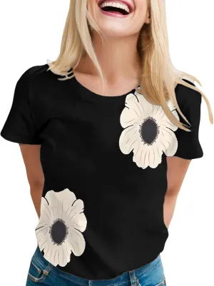 Graphic Tees for Women Short Sleeve Tshirts,Womens Summer Tops Crewneck Shirt Blouse Flower Printed Tops for Women