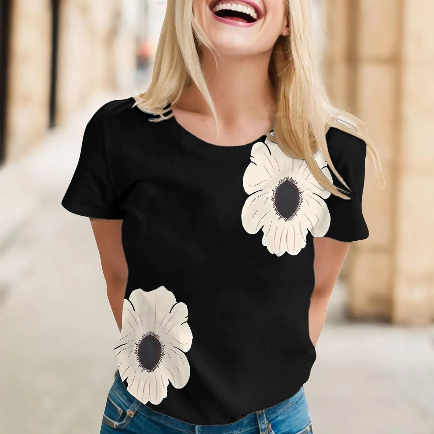 Graphic Tees for Women Short Sleeve Tshirts,Womens Summer Tops Crewneck Shirt Blouse Flower Printed Tops for Women