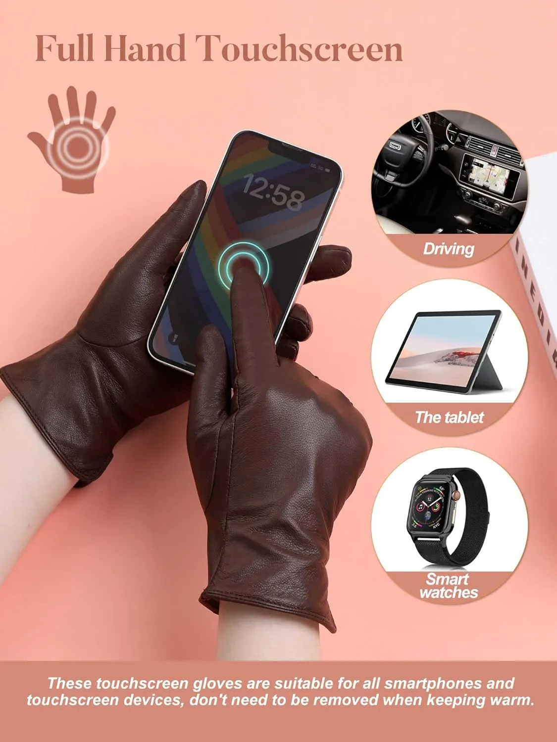 GSG Chrome-free Leather Gloves for Women, Touch Screen Sheepskin Winter Warm Driving Dress Gloves Wool Lined for cold weather