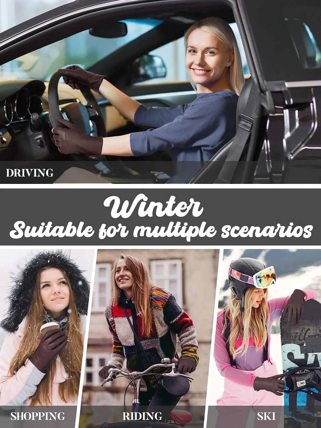 GSG Chrome-free Leather Gloves for Women, Touch Screen Sheepskin Winter Warm Driving Dress Gloves Wool Lined for cold weather