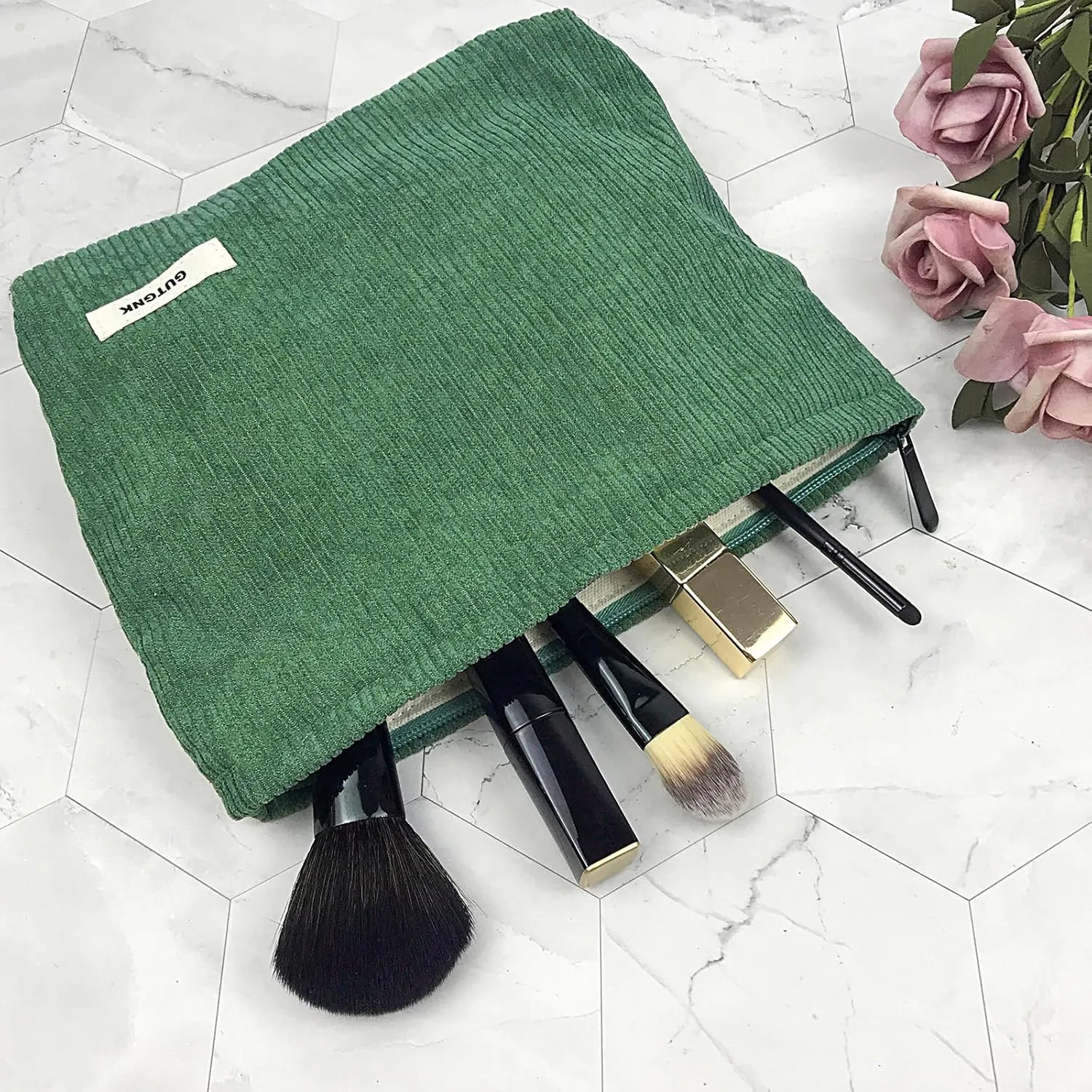 GUTGNK Corduroy Ladies Cosmetic Bag, Large Capacity Canvas Cosmetic Bag Travel Toiletry Bag Accessories Organizer, Grass Green