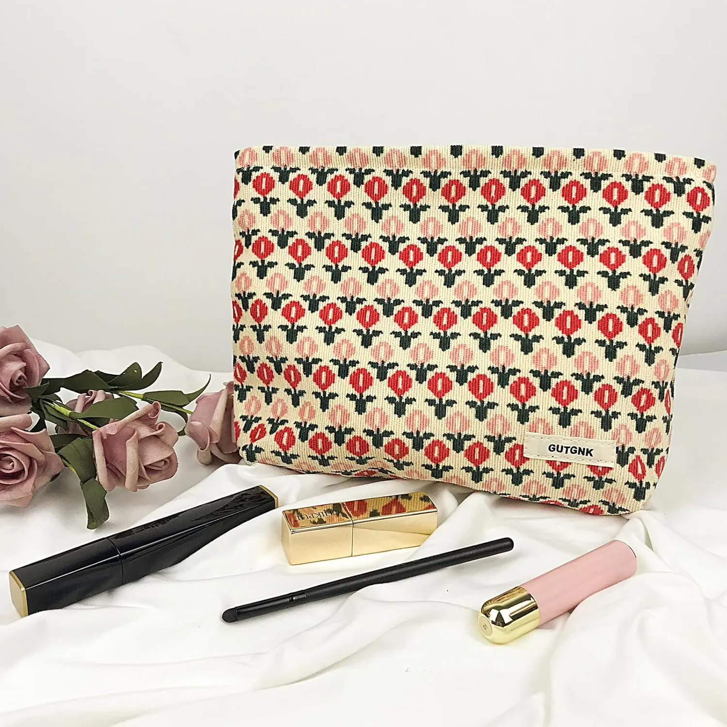 GUTGNK Corduroy Ladies Cosmetic Bag, Large Capacity Canvas Cosmetic Bag Travel Toiletry Bag Accessories Organizer, Little Red Flower