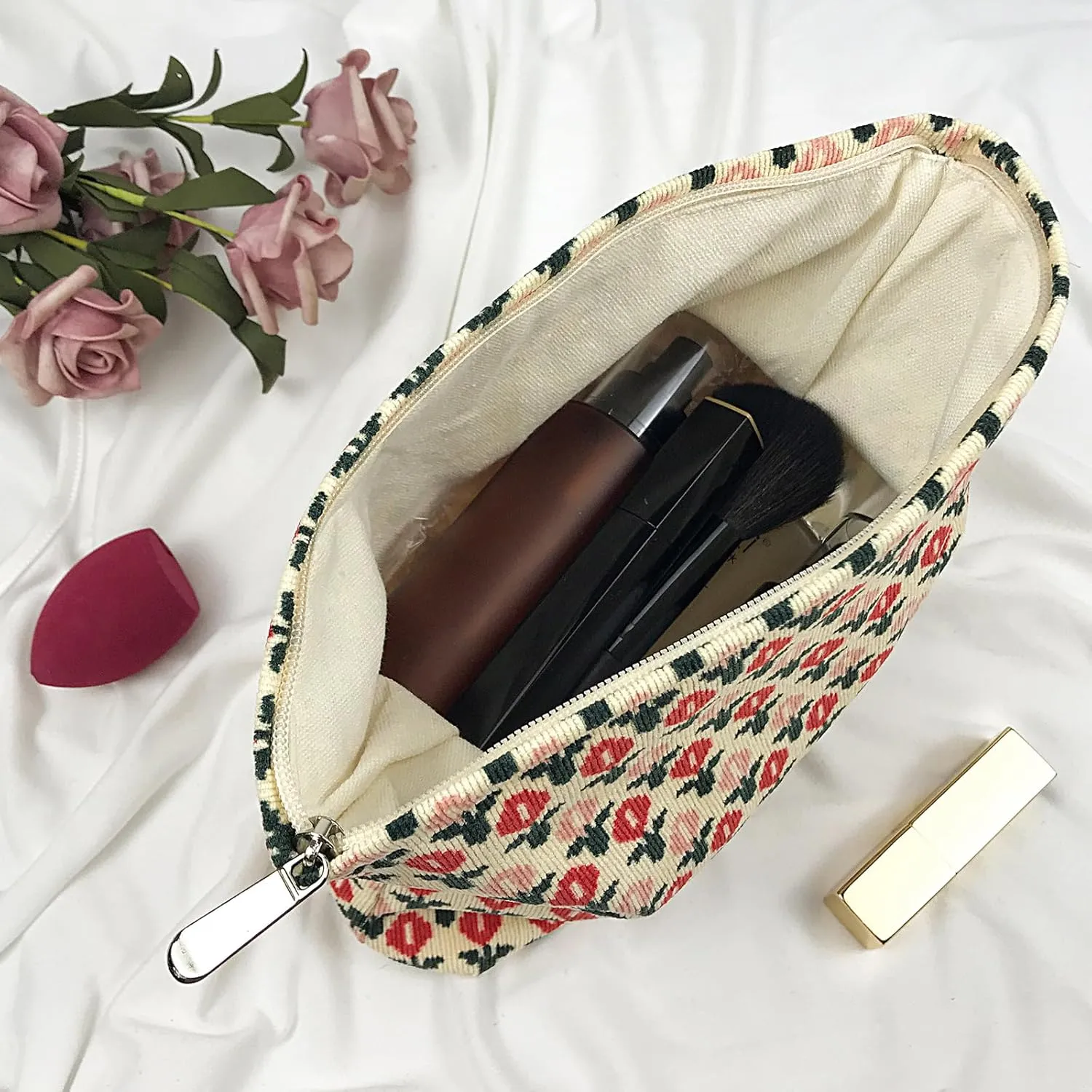 GUTGNK Corduroy Ladies Cosmetic Bag, Large Capacity Canvas Cosmetic Bag Travel Toiletry Bag Accessories Organizer, Little Red Flower