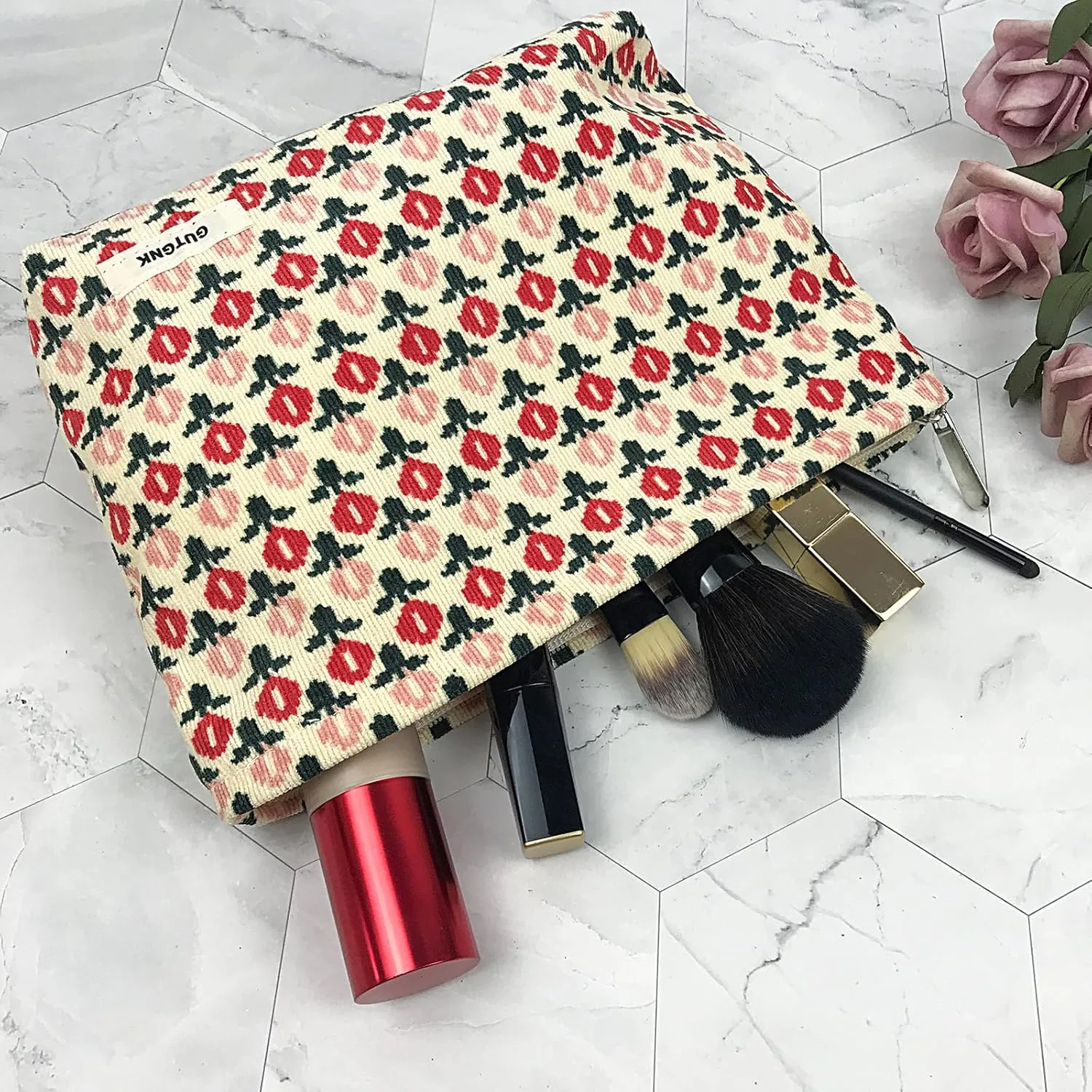 GUTGNK Corduroy Ladies Cosmetic Bag, Large Capacity Canvas Cosmetic Bag Travel Toiletry Bag Accessories Organizer, Little Red Flower