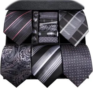 Hi-Tie Lot 5 Pcs Gift Box Mens Tie Set Necktie with Pocket Square Cufflinks Silk Neck Tie Collection