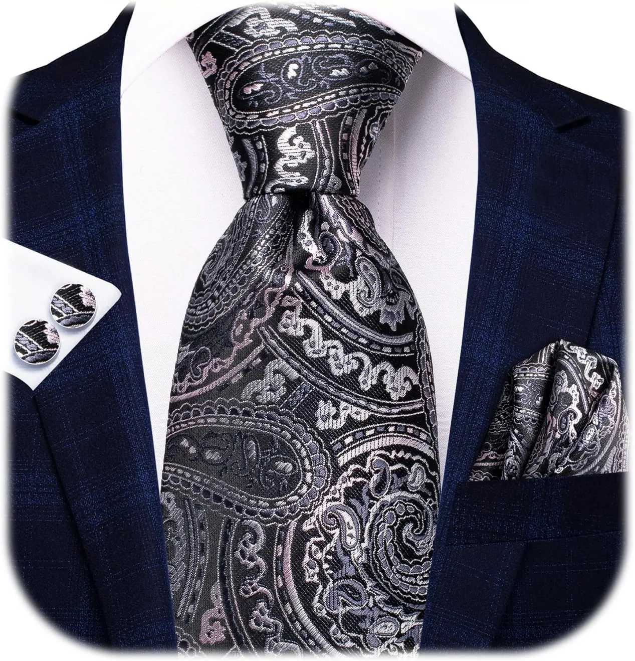 Hi-Tie Lot 5 Pcs Gift Box Mens Tie Set Necktie with Pocket Square Cufflinks Silk Neck Tie Collection