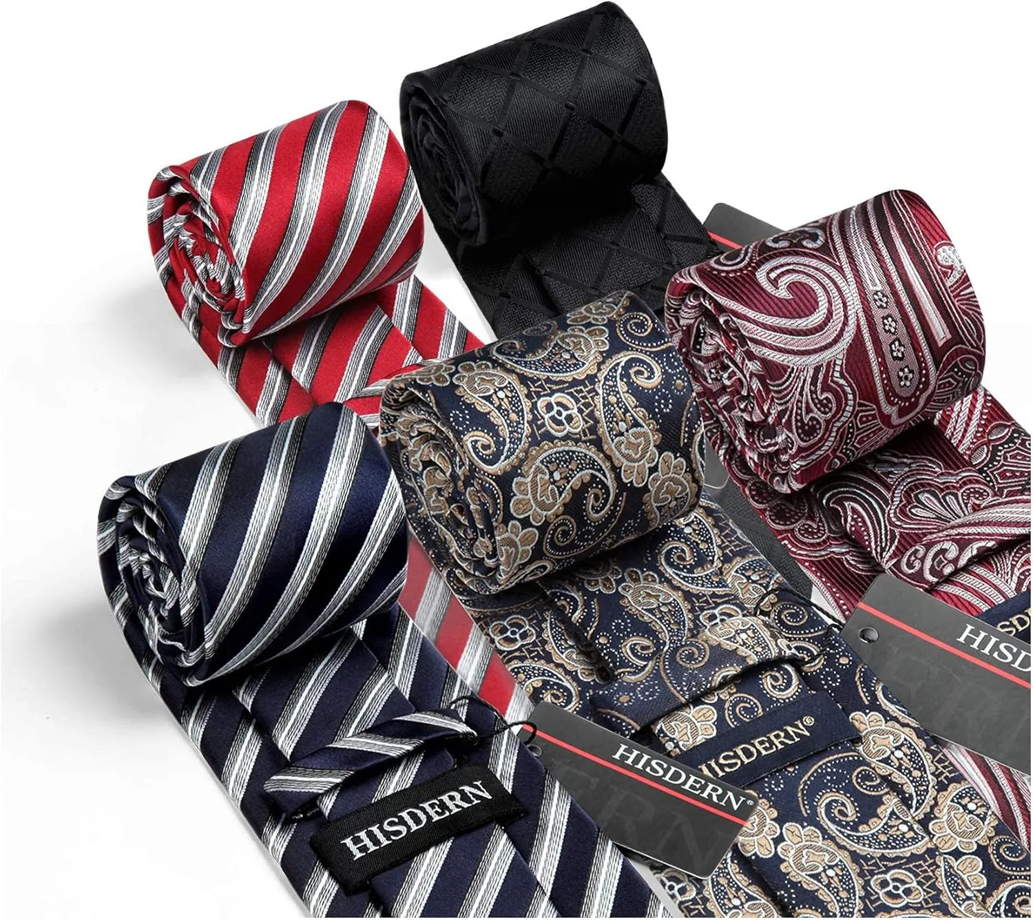 HISDERN Mens Ties Set 5PCS Collection Tie with Pocket Sqaure Formal Business Necktie Present Box Neckties Set for Men