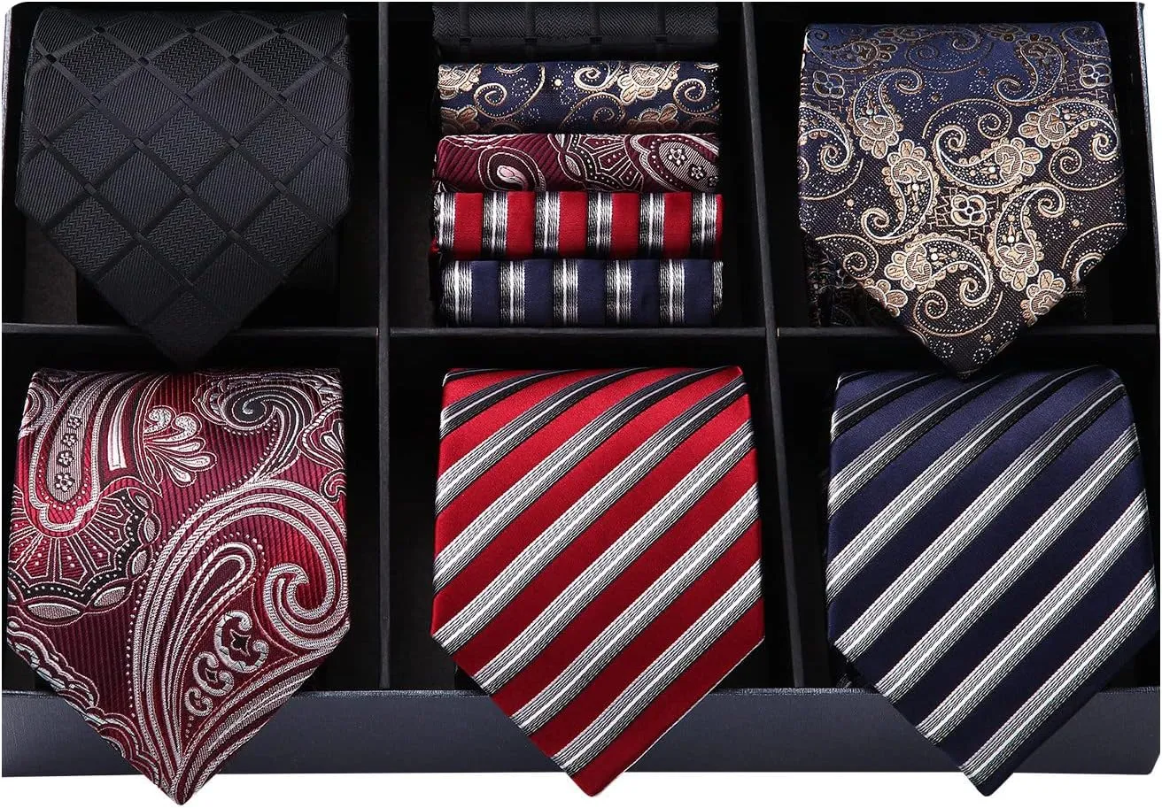 HISDERN Mens Ties Set 5PCS Collection Tie with Pocket Sqaure Formal Business Necktie Present Box Neckties Set for Men