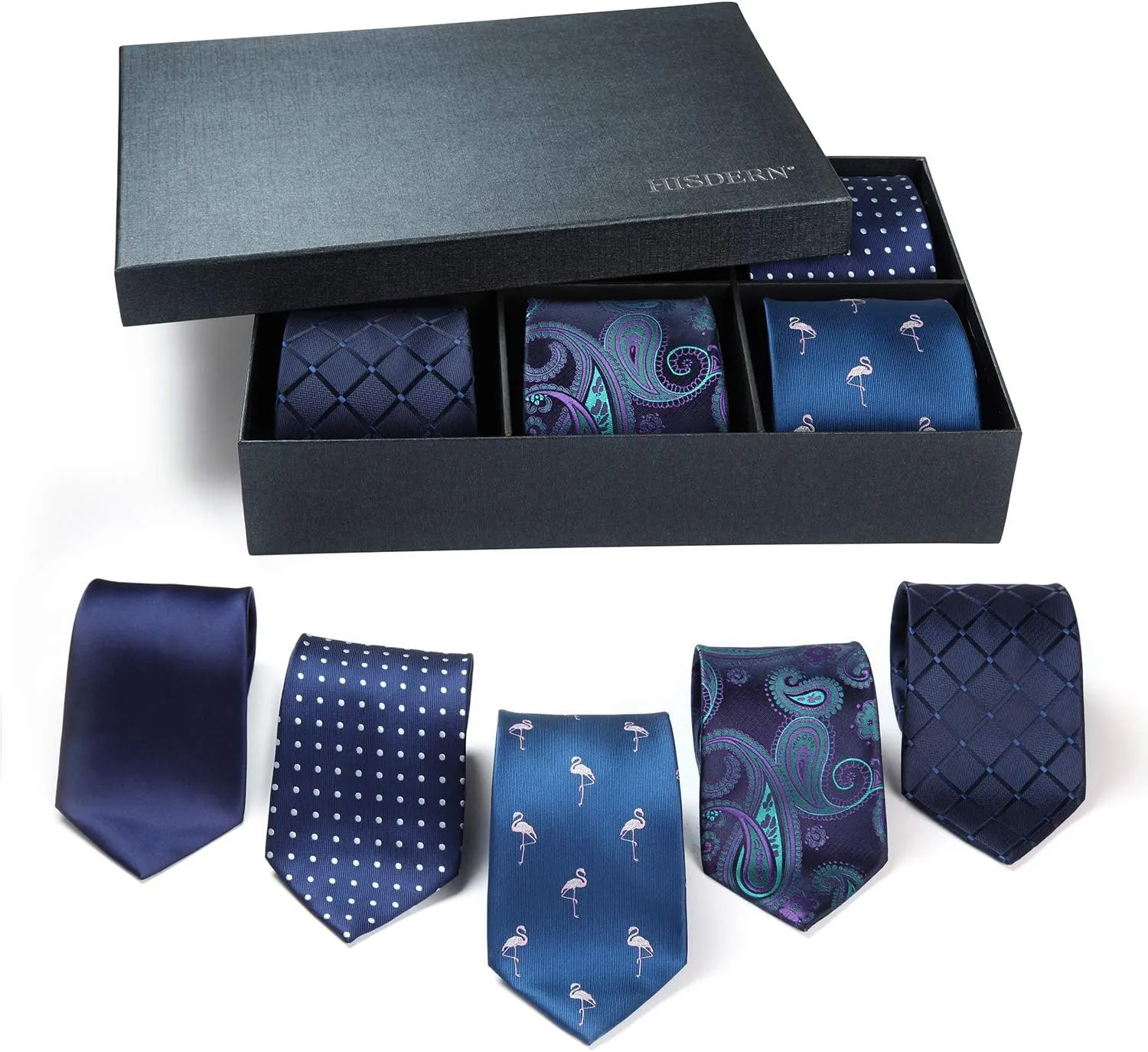 HISDERN Mens Ties Set 5PCS Collection Tie with Pocket Sqaure Formal Business Necktie Present Box Neckties Set for Men