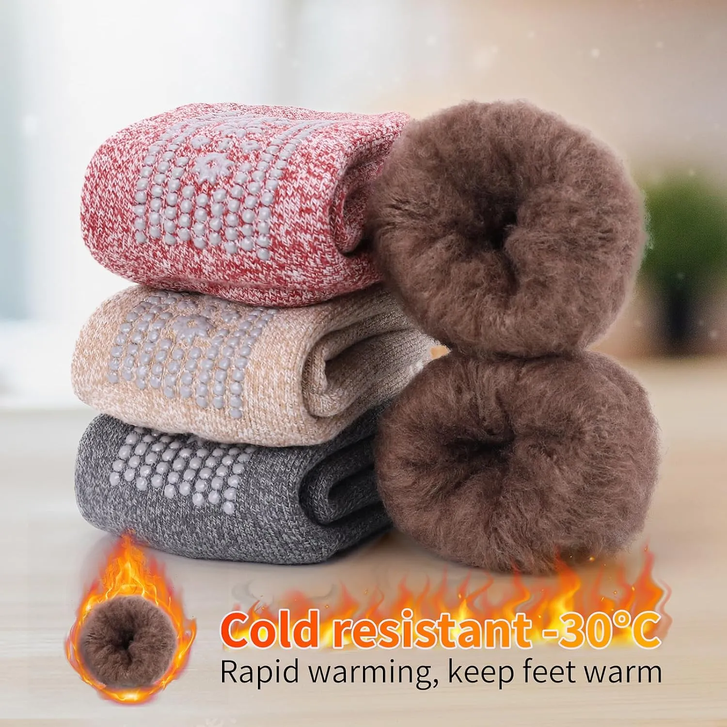 HUGSWEET Thermal Anti Slip Plush Slipper Grip Women Winter Soft Warm Cozy Socks 4 Pairs