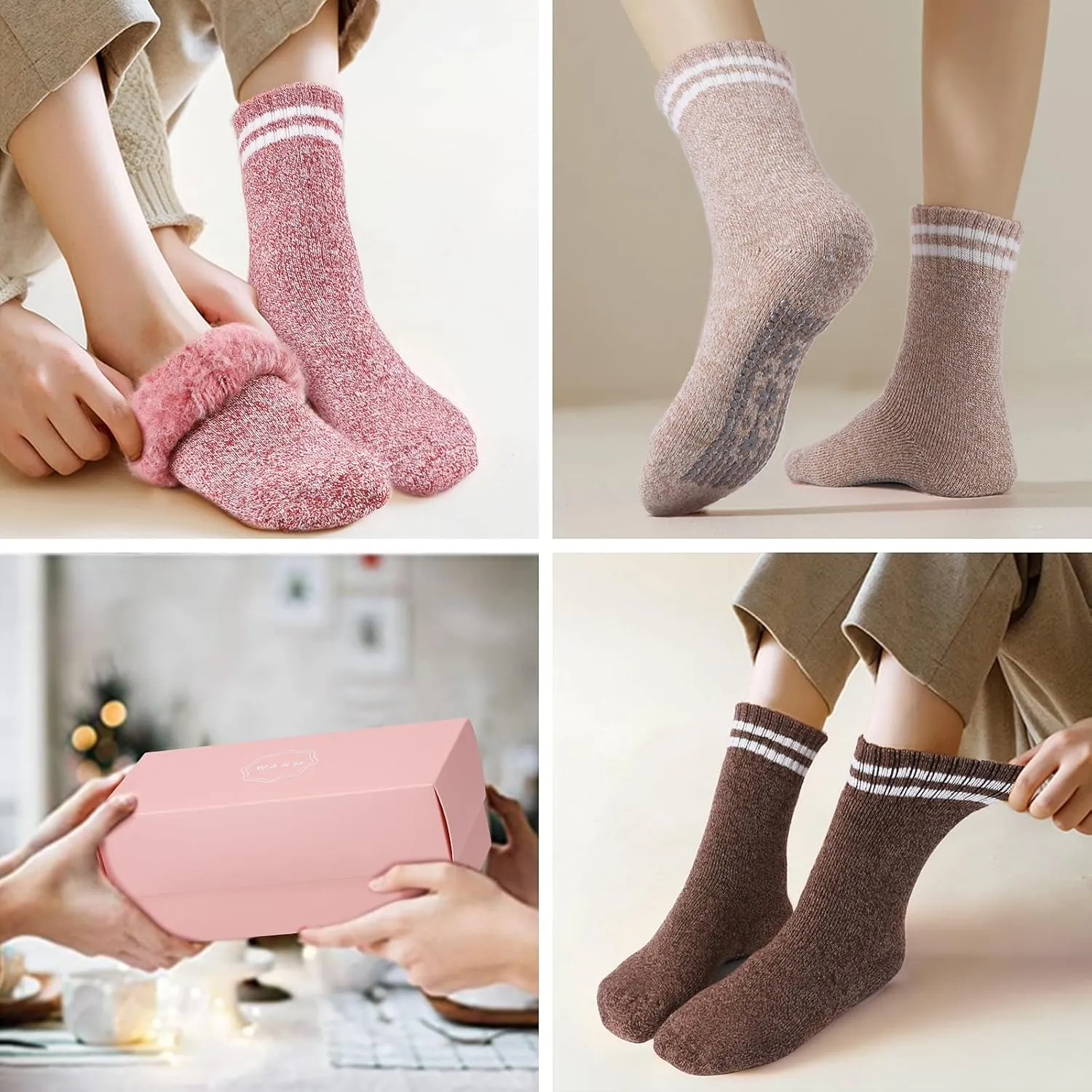 HUGSWEET Thermal Anti Slip Plush Slipper Grip Women Winter Soft Warm Cozy Socks 4 Pairs