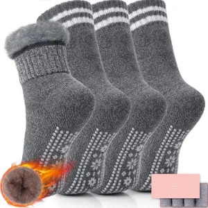 HUGSWEET Thermal Anti Slip Plush Slipper Grip Women Winter Soft Warm Cozy Socks 4 Pairs