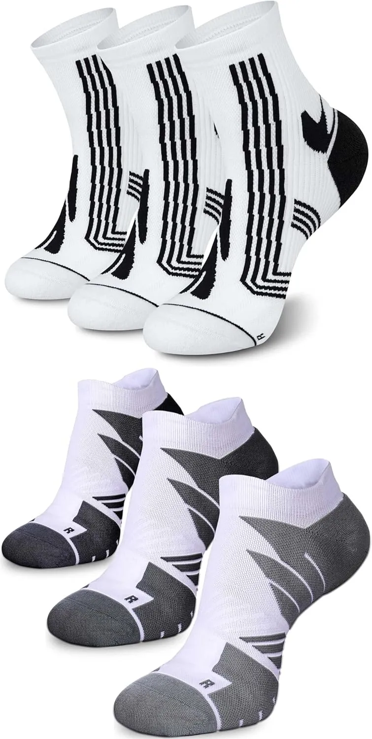 Hylaea Adult Coolmax Athletic Running Socks with Cushion Seamless Toe, No Show and Quarter Length White Large