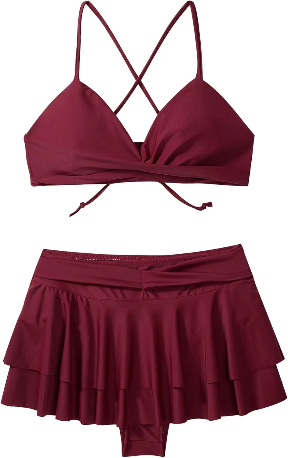 iiniim Woman's 2 Piece V-Neck Criss Cross Swimsuit Bikini Bra Top Pleated Mini Skirt Bathing Suit Swimwear