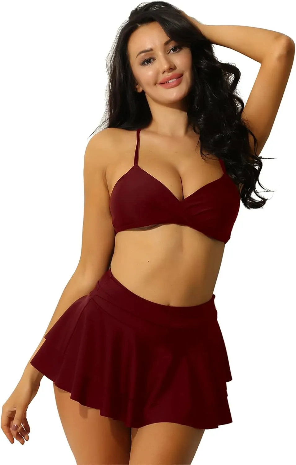 iiniim Woman's 2 Piece V-Neck Criss Cross Swimsuit Bikini Bra Top Pleated Mini Skirt Bathing Suit Swimwear