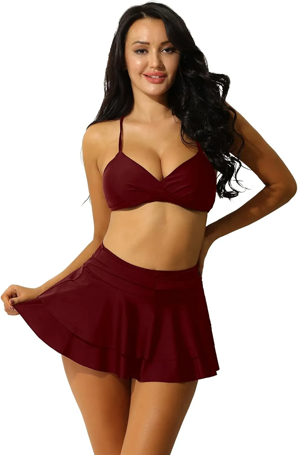 iiniim Woman's 2 Piece V-Neck Criss Cross Swimsuit Bikini Bra Top Pleated Mini Skirt Bathing Suit Swimwear