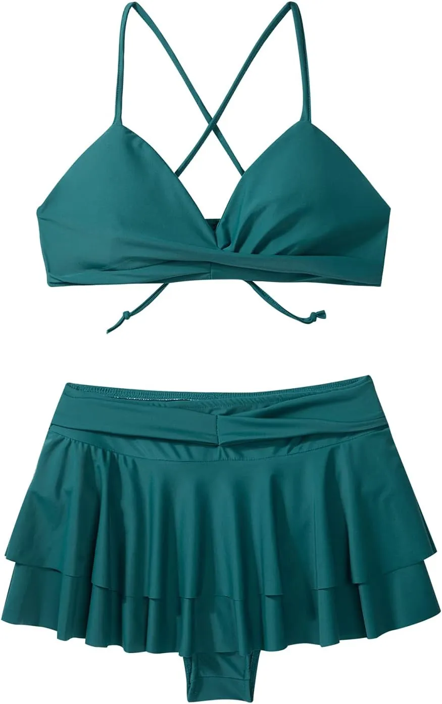 iiniim Woman's 2 Piece V-Neck Criss Cross Swimsuit Bikini Bra Top Pleated Mini Skirt Bathing Suit Swimwear