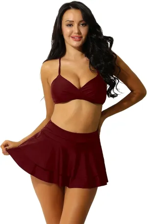 iiniim Woman's 2 Piece V-Neck Criss Cross Swimsuit Bikini Bra Top Pleated Mini Skirt Bathing Suit Swimwear